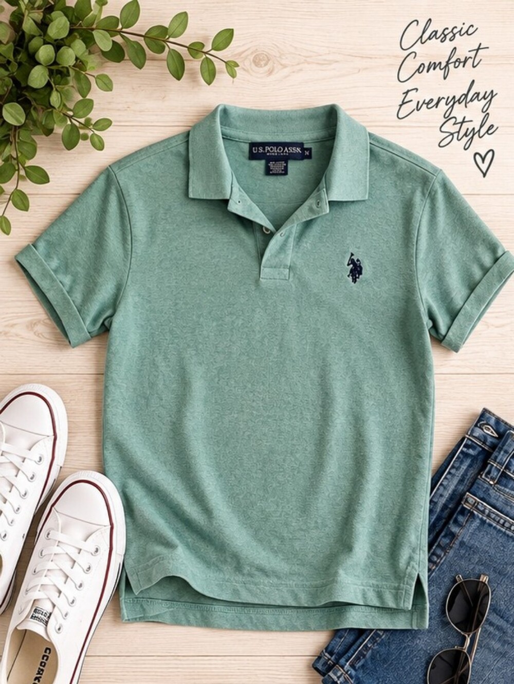 U.S. Polo: M - Sage Green Short-Sleeve Polo with Navy Logo